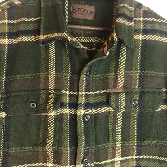Orvis Mens Flannel Shirt Size XL Big Bear Heavyweight Green Plaid Brawny EUC - Picture 3 of 8